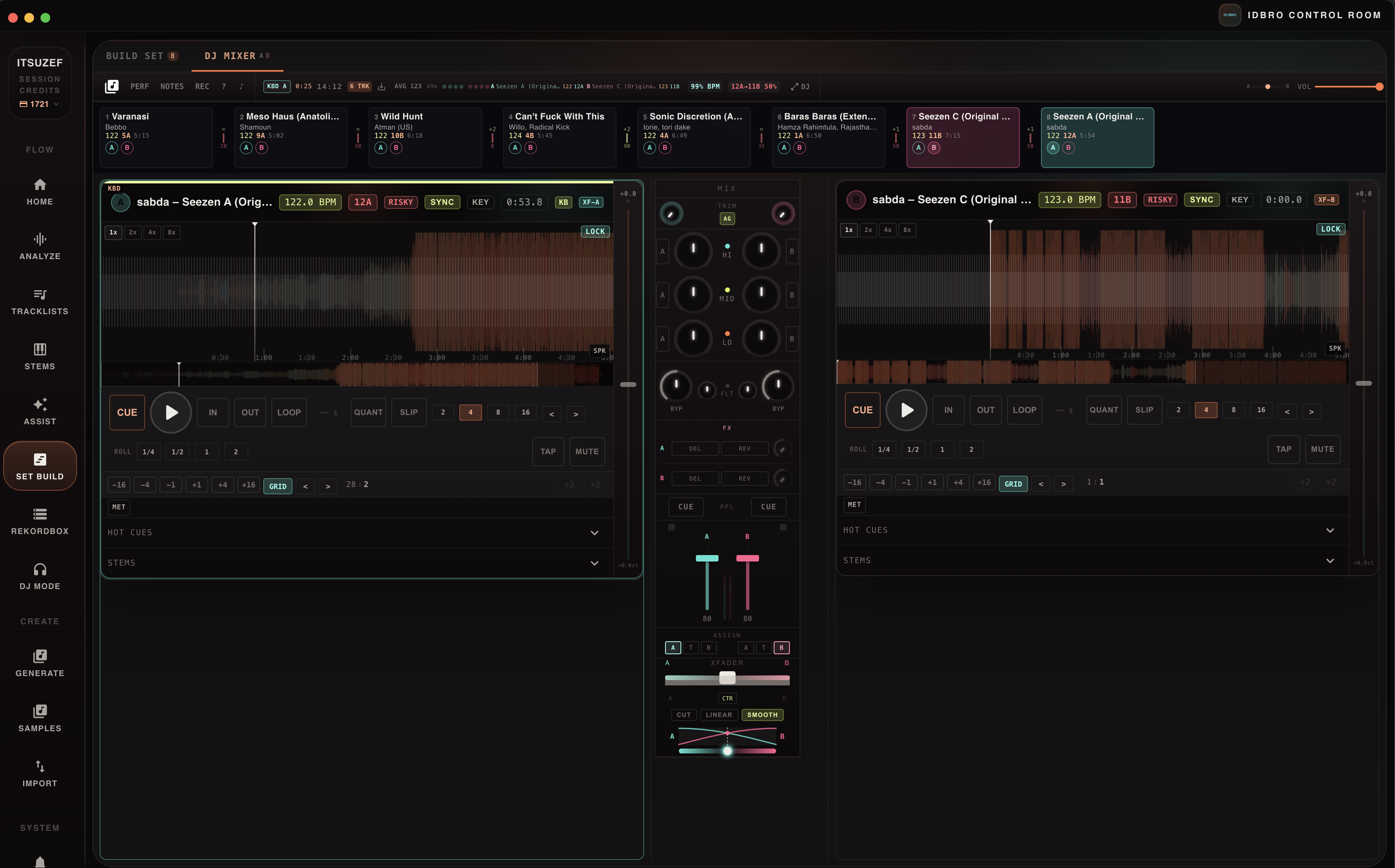 IDBRO dual-deck DJ mixer with waveforms, EQ, and BPM sync